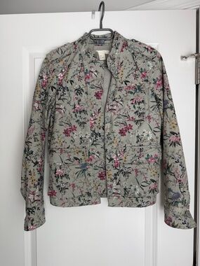 H&M Floral Utility Jacket in Sage Green with Pink Accents